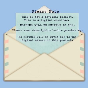 Puede incluir: Un sobre de estilo vintage con fondo azul claro y borde blanco. El sobre tiene un mensaje en texto negro que dice: "Por favor, tenga en cuenta que este no es un producto f&iacute;sico. Este es un archivo digital. NO SE ENVIAR&Aacute; NADA. Por favor, lea la descripci&oacute;n antes de comprar. No se dar&aacute;n reembolsos debido a la naturaleza digital de este producto."