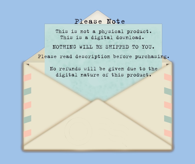 Puede incluir: Un sobre de estilo vintage con fondo azul claro y borde blanco. El sobre tiene un mensaje en texto negro que dice: "Por favor, tenga en cuenta que este no es un producto f&iacute;sico. Este es un archivo digital. NO SE ENVIAR&Aacute; NADA. Por favor, lea la descripci&oacute;n antes de comprar. No se dar&aacute;n reembolsos debido a la naturaleza digital de este producto."