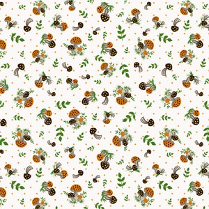 Könnte beinhalten: Ein nahtloses Muster mit orangefarbenen und braunen Pilzen mit grünen Blättern auf weißem Hintergrund mit kleinen orangefarbenen Punkten.