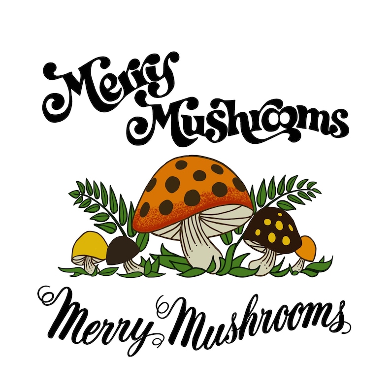 K&ouml;nnte beinhalten: Eine skurrile Illustration von Pilzen mit dem Text "Merry Mushrooms" in einer Retro-Schrift. Die Pilze sind orange, gelb und braun mit wei&szlig;en Punkten. Die Illustration ist vor einem wei&szlig;en Hintergrund.