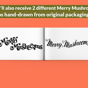 K&ouml;nnte beinhalten: Zwei handgezeichnete Logos f&uuml;r Merry Mushrooms, eines mit einer eher stilisierten Schriftart und das andere mit einer eher traditionellen Schriftart.