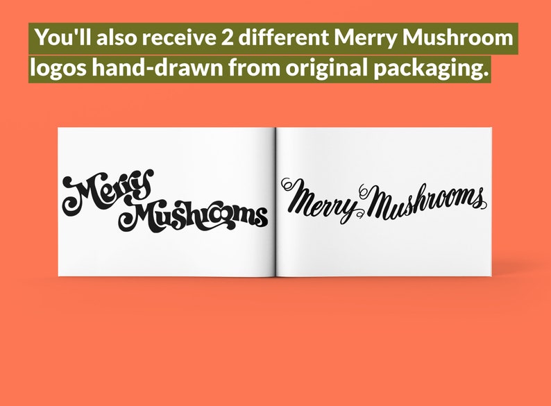 K&ouml;nnte beinhalten: Zwei handgezeichnete Logos f&uuml;r Merry Mushrooms, eines mit einer eher stilisierten Schriftart und das andere mit einer eher traditionellen Schriftart.