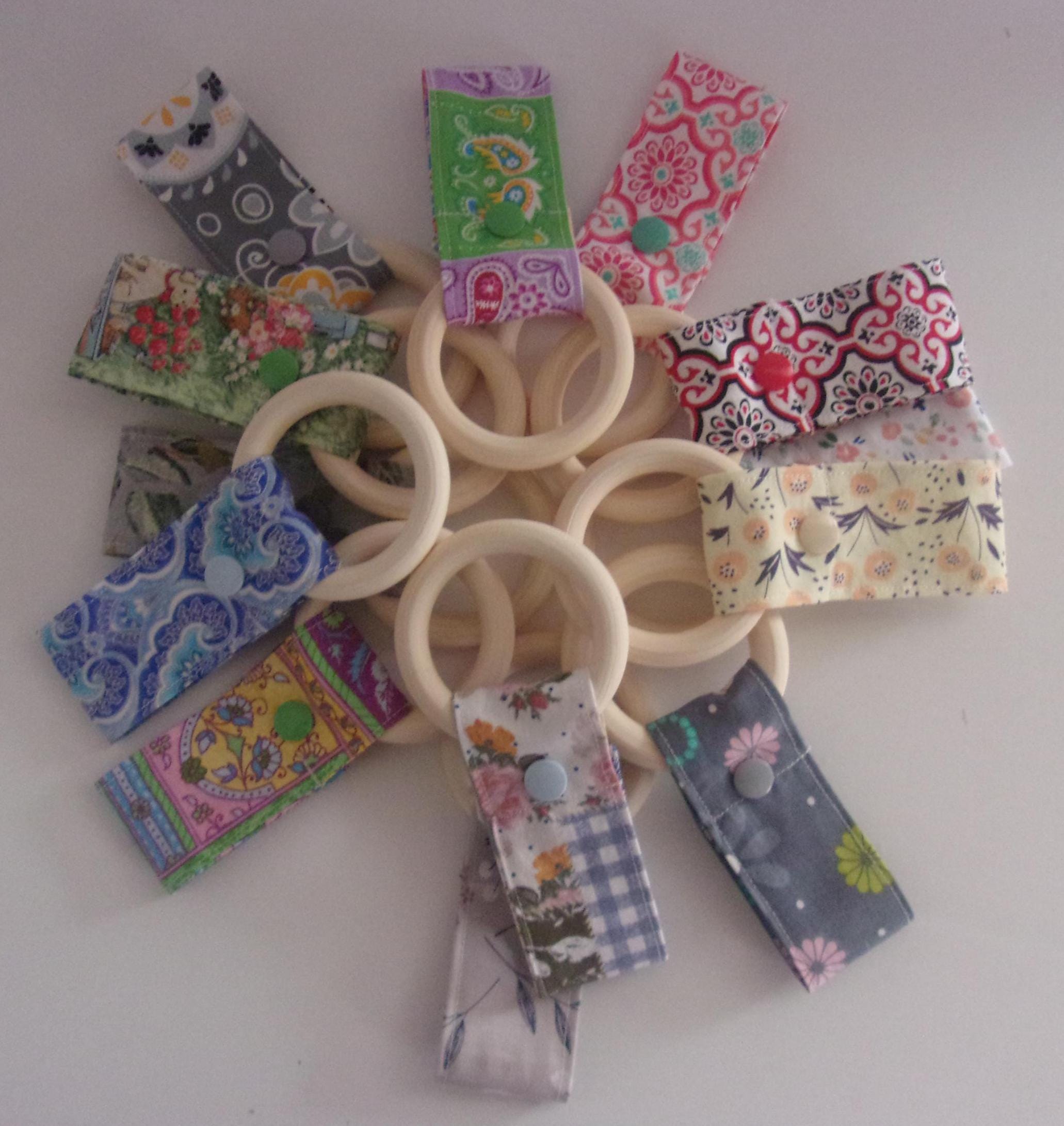 Kitchen Towel Holder with wooden ring and KAM snap - Fabric 5 1/2" long x 1 1/4" wide. Fits most oven handles