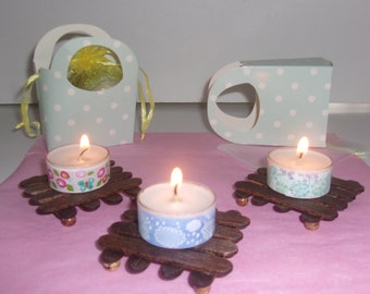 Tea light candle gift set. Unscented/decorated with mini wood shelf & 2 votive candles included - CLOSEOUT