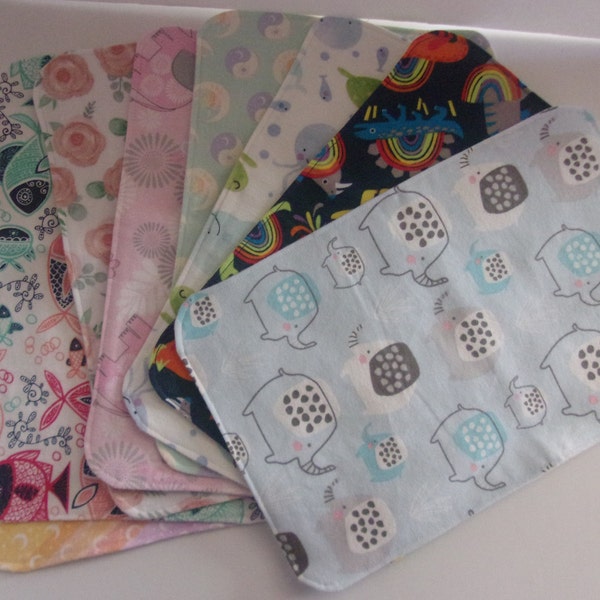 Baby burp cloths in flannel - washable.  Compact size 8"x12 1/2". BOGO Buy One Get One FREE