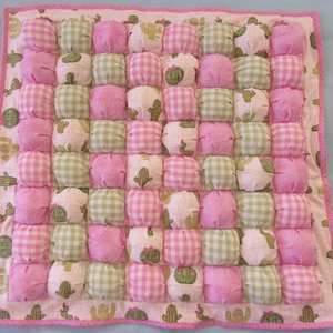 Baby Puff Blanket/Bubble quilt 29&quot;x29&quot;  - Pink Cactus and Dots