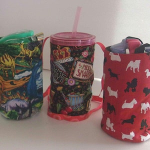 Water/beverage bottle/carrier/cup carrier/holder - fabric. Washable/Reusable. 7&quot;highx5 1/2&quot;wide, 33 1/2&quot; straps. BOGO Free. CLOSEOUT