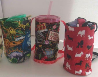 Water/beverage bottle/carrier/cup carrier/holder - fabric. Washable/Reusable. 7&quot;highx5 1/2&quot;wide, 33 1/2&quot; straps. BOGO Free. CLOSEOUT
