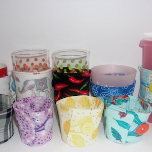 Fabric Coffee Tea Cup Cozy Koozie. Reusable, Washable, Adjustable. Button with elastic closure