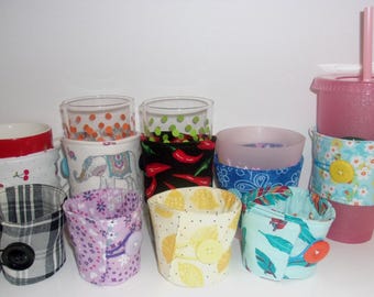 Fabric Coffee Tea Cup Cozy Koozie. Reusable, Washable, Adjustable. Button with elastic closure