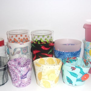 Coffee / Tea Cup Cozy Koozie -Reusable, Washable, Adjustable. Fabric w/button & elastic closure. BOGO Free. CLOSEOUT