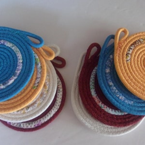 Cotton Rope Coasters with fabric embellishment. Set of 4. Machine zigzag sewn