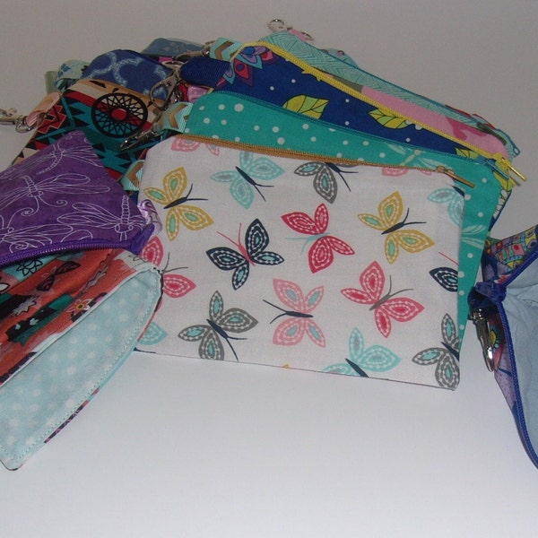 Fabric Pouch w/key ring: fabric/zippered/lobster clasp/lined. For purse, mini makeup bag, etc.  6 1/4" x 4 1/2" - BOGO Buy One Get One Free