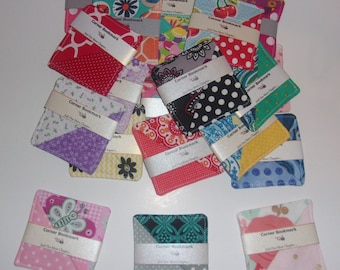 Corner Bookmarks - fabric. Size 2 1/2" x 2 1/2". Many prints - these make great gifts!