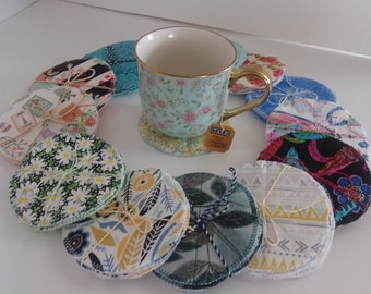 Quilted round padded fabric Coasters, set of 4. 4&quot; diameter