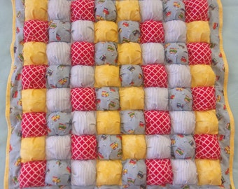 Baby Puff Blanket/Bubble quilt 29"x29"  - trains in reds & yellows