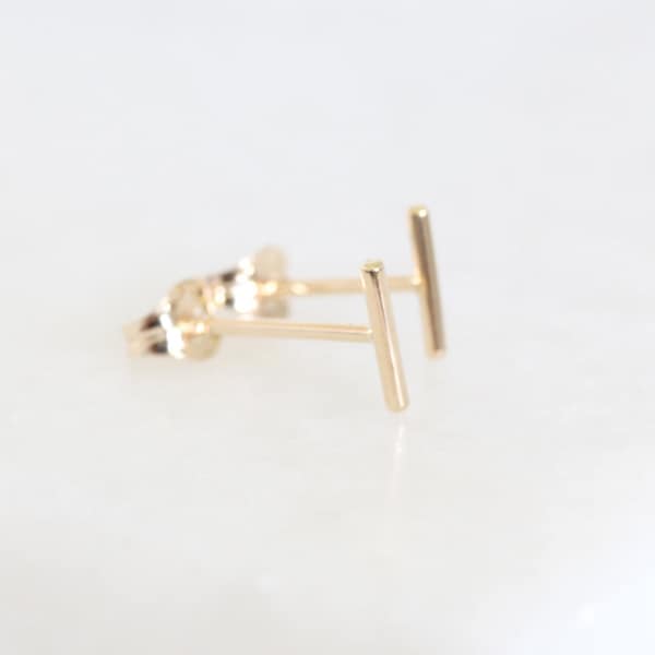 9ct, 14ct or 18ct Solid Recycled Gold Minimal Bar Stud Earrings • 9K 14K 18K Yellow or Rose Gold • Tiny Handmade Studs • Single or Pair
