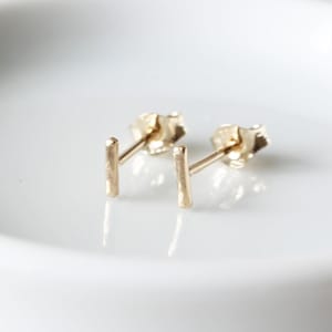 9ct, 14ct or 18ct Solid Recycled Gold Hammered Bar Stud Earrings • 9K 14K 18K Yellow, Rose, White Gold • Handmade • Single or Pair