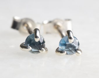 Blue Topaz Stud Earrings • Recycled Sterling Silver, 9ct or 18ct Gold • Handmade Tiny 3mm Rose Cut Gemstone Studs