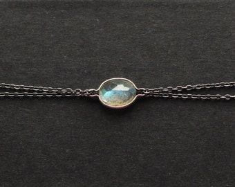 Labradorite and Sterling Silver Bracelet • Oxidised Silver with Natural Blue Green Gemstone
