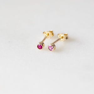 May include: Two gold stud earrings, each with a small, round gemstone. One earring features a deep red gemstone, while the other has a lighter pink stone. The earrings are set against a white background.