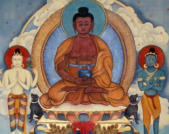 Vajravarahi Phowa mit Amitabha, Avalokitesvara, Vajrapani, die Seele in höhere Ebenen leiten, buddhistisches Gebet für die Sterbenden