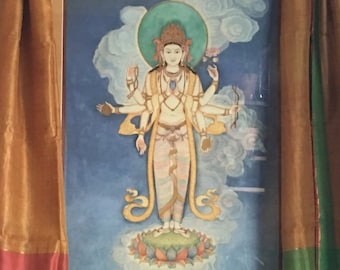 QuanYin Guanyin LARGE SIZES 8 Armed Avalokitesvara, God of Compassion Healthcare treatment room art Tibetan Buddhist Thangka Thanka Tanka