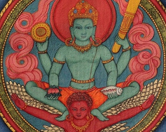 Vishnu, LARGER SIZE God of the Maintenance of the Universe, riding on Garuda Hindu Sun god Nepali style devotional art