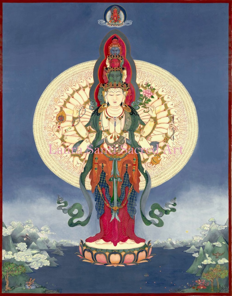 1,000 armed Bodhisattva Guanyin QuanYin Avalokiteshvara LARGE SIZES God of Compassion TIbetan Buddhist Thangka thanka tanka deity Mantra image 1