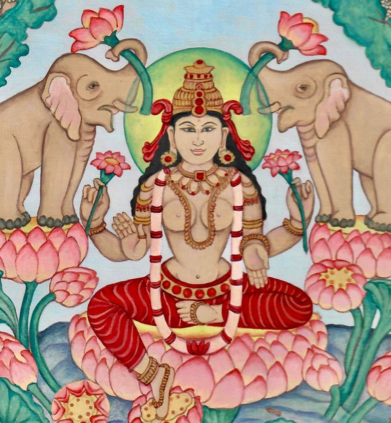 Lakshmi Hindu Goddess of Wealth, SMALLER SIZES Abundance and Fertility, holy tridevi with Parvati and Saraswati , wife of Vishnu image 1