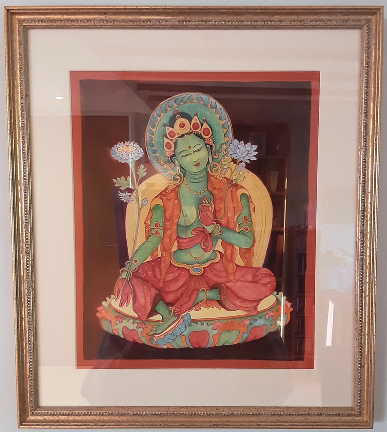 Green Tara Goddess of Compassion B SMALLER SIZES LISTING Thangka thanka Buddhist Deity Mother Goddess Tibetan Nepali art image 3