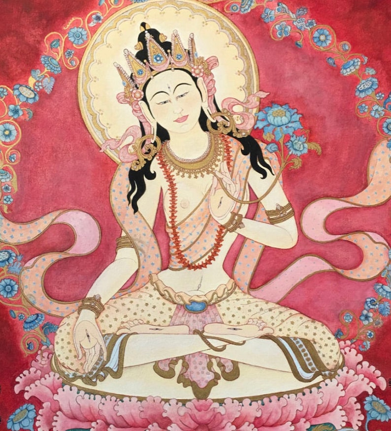 White Tara A SMALLER PRINTS Goddess Bodhisattva tantric deity tibetan buddhist thangka tangka thankga meditation devotional art Nepal image 5