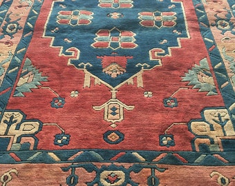 Vintage Keisari, Turkish rug, Red, Blue, Navy , Handmade wool Rug 5'5" x 7'10"