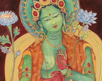 Green Tara Goddess of Compassion B  - SMALLER SIZES LISTING Thangka thanka Buddhist Deity Mother Goddess Tibetan Nepali art