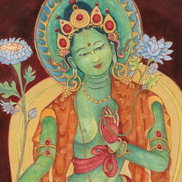 Green Tara Goddess of Compassion B  - SMALLER SIZES LISTING Thangka thanka Buddhist Deity Mother Goddess Tibetan Nepali art