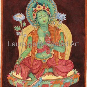 Green Tara Goddess of Compassion B SMALLER SIZES LISTING Thangka thanka Buddhist Deity Mother Goddess Tibetan Nepali art image 2