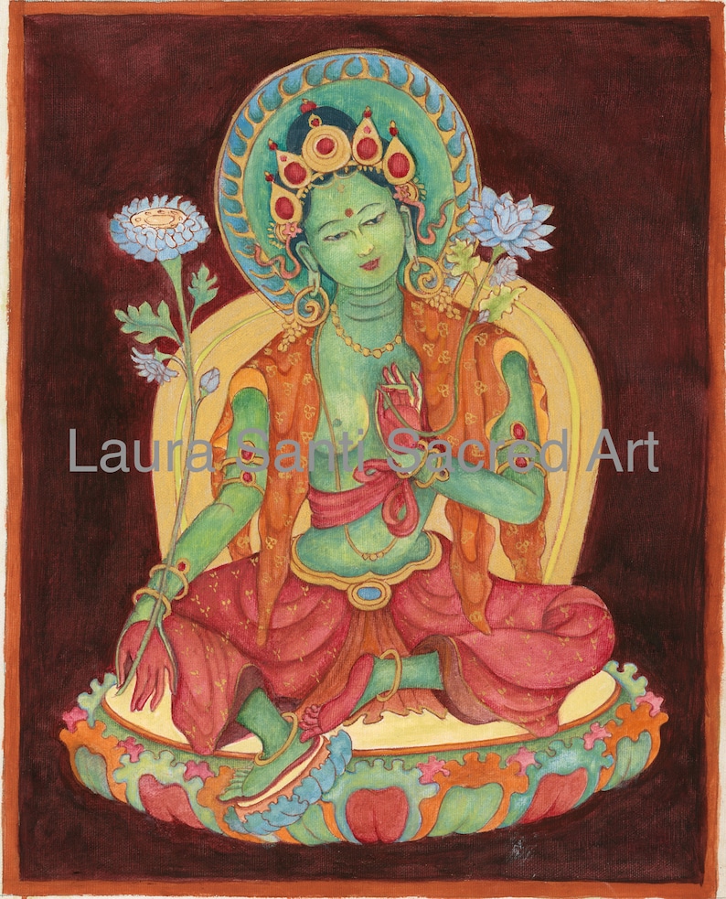 Green Tara Goddess of Compassion B SMALLER SIZES LISTING Thangka thanka Buddhist Deity Mother Goddess Tibetan Nepali art image 2