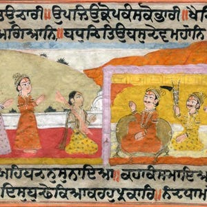 Indian miniature painting of devotees having darshan greeting