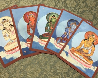 Deity Cards of the Five Buddha Families tsakli initiation cards Vairochana, Akshobhya, Ratnasambhava Amoghasiddhi, Amitabha 5 Elements