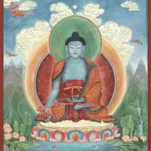 Buda da Medicina TAMANHOS MENORES Bhaishijyaguru Vaiduryaprabha espaço de cura arte Medicina herbal Tibetano Nepalês Himalaia divindade do bem-estar