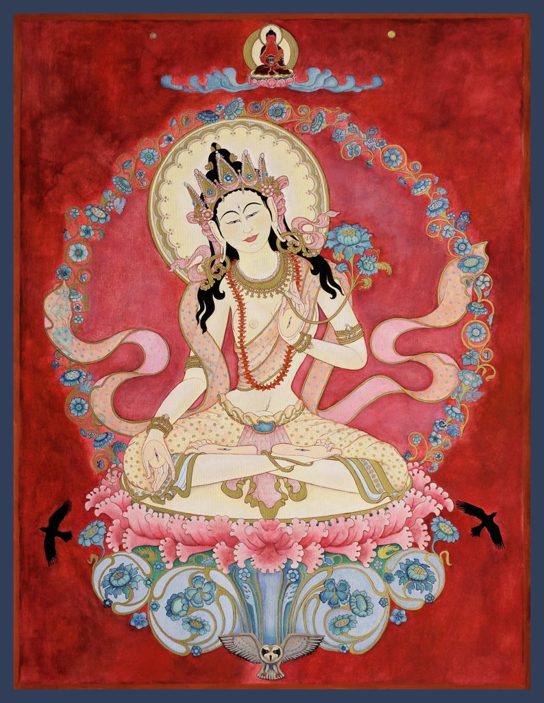 White Tara A SMALLER PRINTS Goddess Bodhisattva tantric deity tibetan buddhist thangka tangka thankga meditation devotional art Nepal image 1