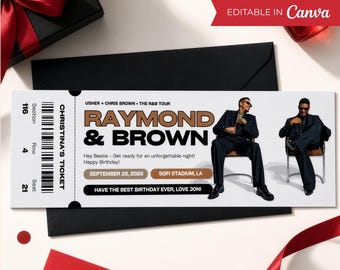 Modello di biglietto per il tour R&B di Chris Brown e Usher, modificabile su Canva.