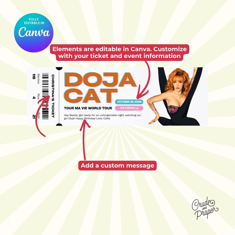 Cat Ticket Example Doja Cat Concert Ticket Template, Editable in Canva, Birthday Surprise ...