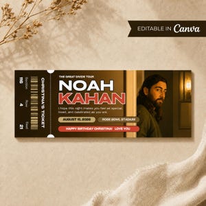 May include: A concert ticket for the "Great Divide Tour" featuring Noah Kahan. The ticket is brown with red and white text, including the date August 15, 2026, and "Rose Bowl Stadium." It reads "Happy Birthday Christina! Love You."