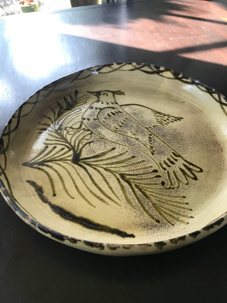 Folk Bird Platter olive green and cream