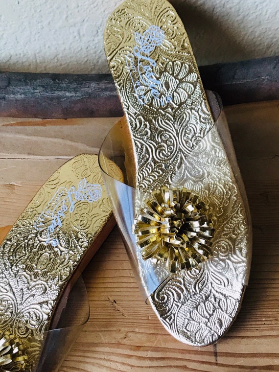80s Gold Slipper Gold Shoes, Gold Heels, 80s Shoes