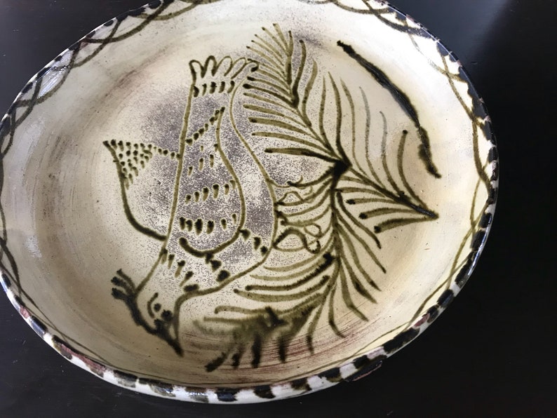 Folk Bird Platter olive green and cream