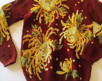 Vintage wool sweater, hand stitched and embroidered 100% wool sweater