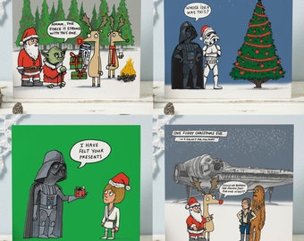 Star Wars*Christmas*cards x 4 multipack-pun-humour-funny-Star Wars Christmas-Greeting card-Rudolph-Santa-Darth Vader-Cartoon-Yoda-Seasonal