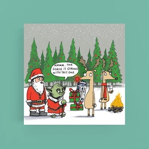 Yoda e Rudolph*Star Wars*Cartone animato*Biglietto di Natale*Biglietto di auguri*Divertente*Umorismo*Illustrazione*Natale di Star Wars*Rudolph*Yoda*Babbo Natale*Festivo